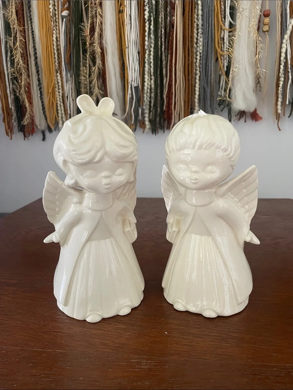 Ceramic Angel Figurine Pair - Glossy Cream White